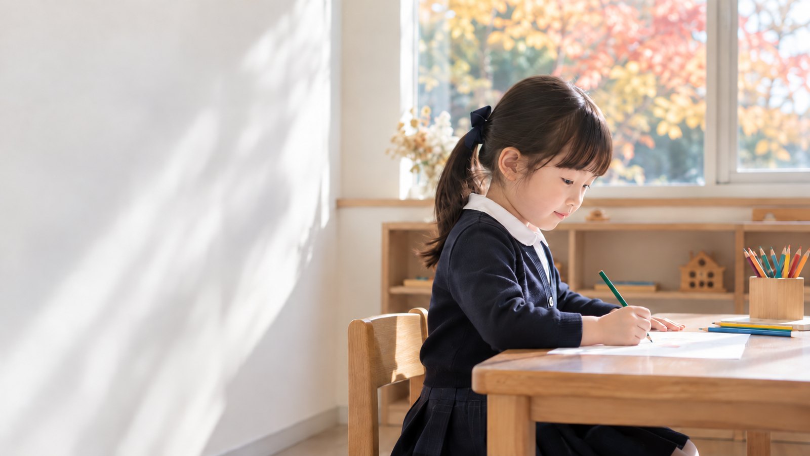 机に向かって鉛筆を持つ女の子